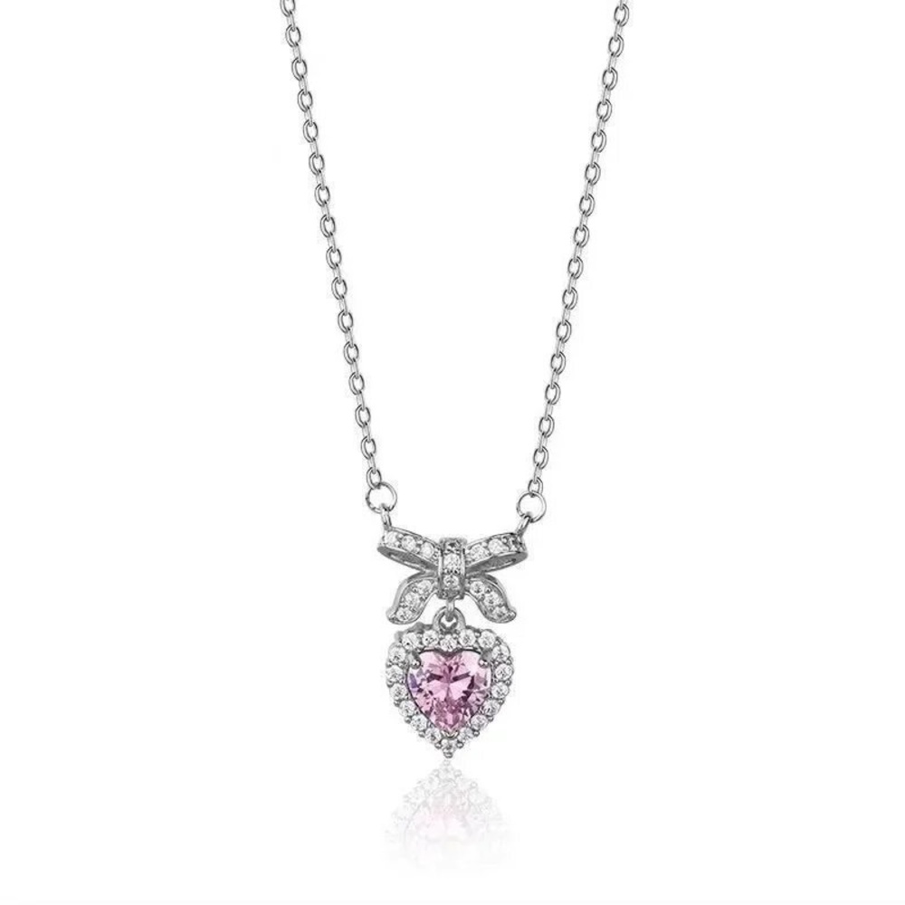 Valentines day Sterling silver pink heart with bow tie pendant necklace